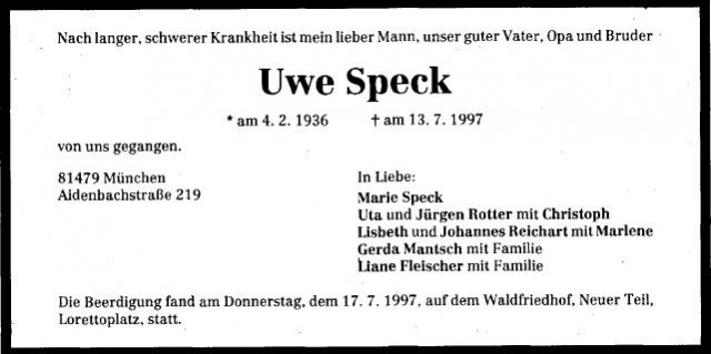 Speck Uwe 1936-1997 Todesanzeige